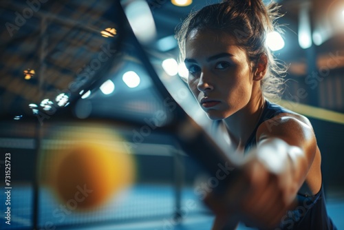A beautiful woman is playing padel indoor photo
