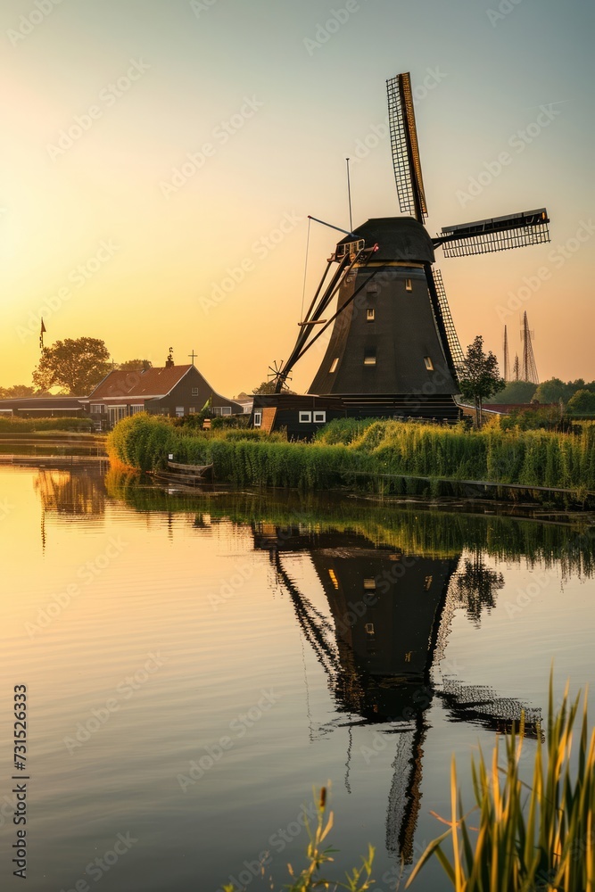 A traditional Dutch windmill beside a canal in the Netherlands, landscape at dusk