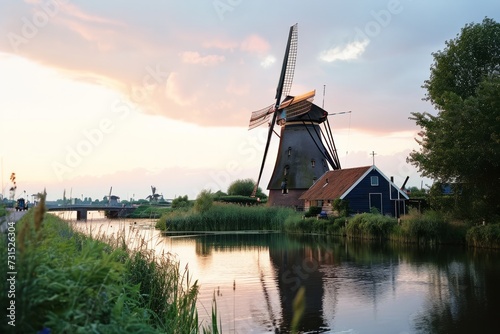 A traditional Dutch windmill beside a canal in the Netherlands  landscape at dusk