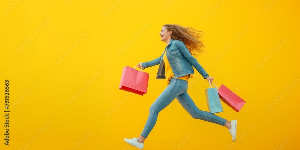 beautiful woman holding shopping bags posing on vibrant background beautiful woman holding shopping bags posing on vibrant background