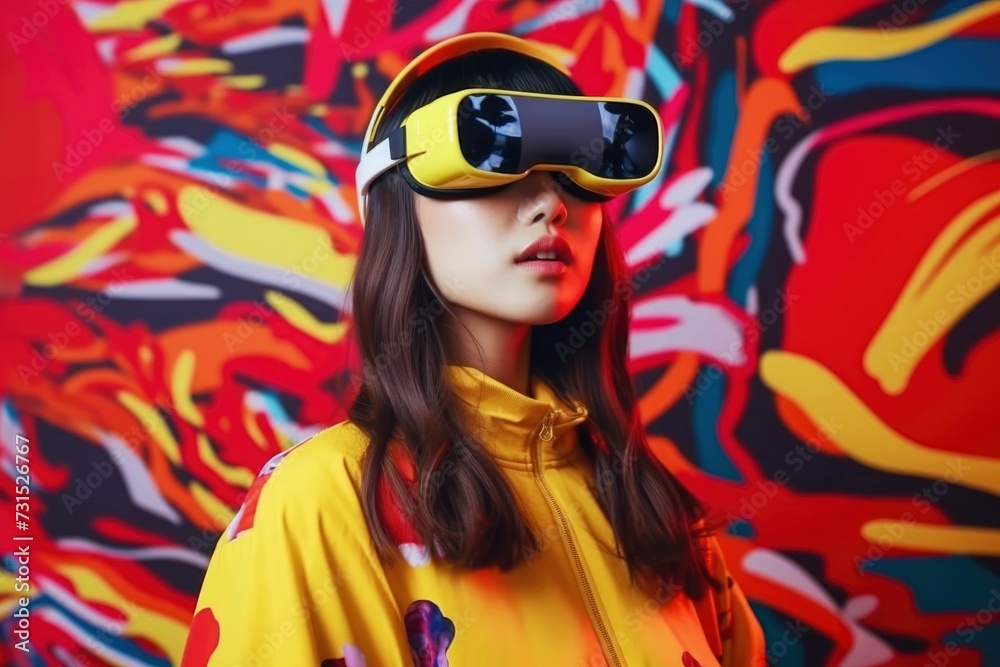 Portrait of a beautiful young woman in a yellow raincoat and vr glasses Portrait of a beautiful young woman in a yellow raincoat and vr glasses