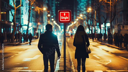 Single people concept image with unmarried man and single woman and sign with written word Single