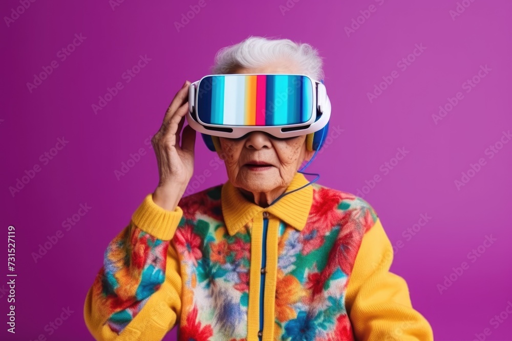 Elderly asian woman wearing virtual reality glasses over purple background