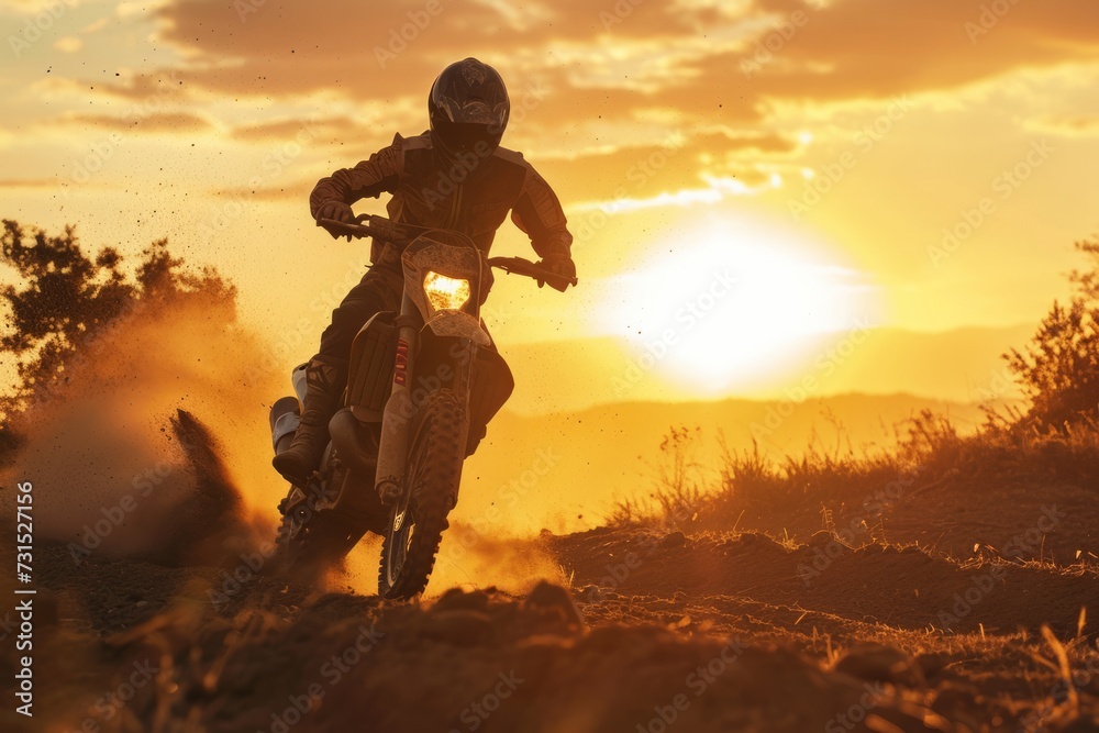 Motorcycle, jump, and adventure during a race, serving as transportation at sunset. Men, motorbike, and action for sports Motorcycle, jump, and adventure during a race, serving as transportation at sunset. Men, motorbike, and action for sports