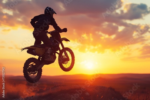 Motorcycle  jump  and adventure during a race  serving as transportation at sunset. Men  motorbike  and action for sports