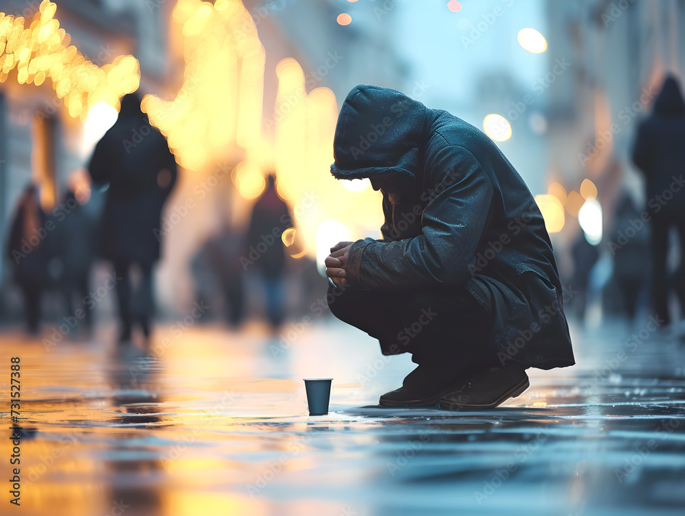 Obraz premium Homeless man in the middle of the city under the rain asks for help. Poverty alleviation illustration. 