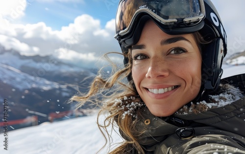 Woman with Ski goggles and Ski helmet on the snow mountain © jiawei