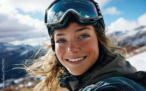 Woman with Ski goggles and Ski helmet on the snow mountain © jiawei