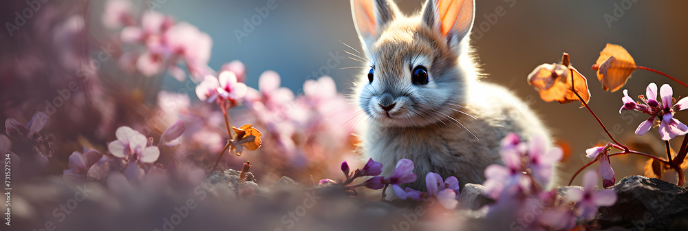 Fototapeta premium Floral Wonderland: Bunny Hops Among Flowers, Perfect for Easter Greetings Cards with Copy Space