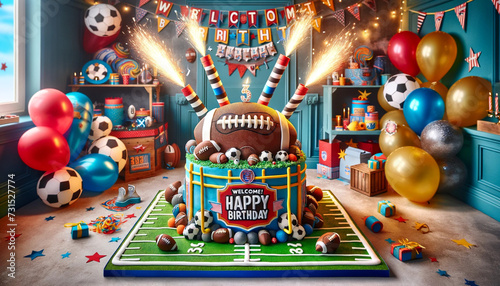 Happy birthday cake background, sprinkles and brithday. Birthday card with balloons.Template for design banner,ticket, leaflet, card, poster and so on. Theme for a boy who loves football.