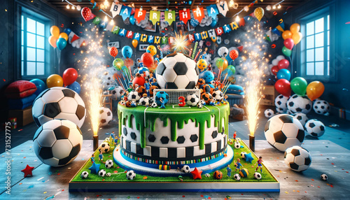 Happy birthday cake background, sprinkles and brithday. Birthday card with balloons.Template for design banner,ticket, leaflet, card, poster and so on. Theme for a boy who loves football. photo