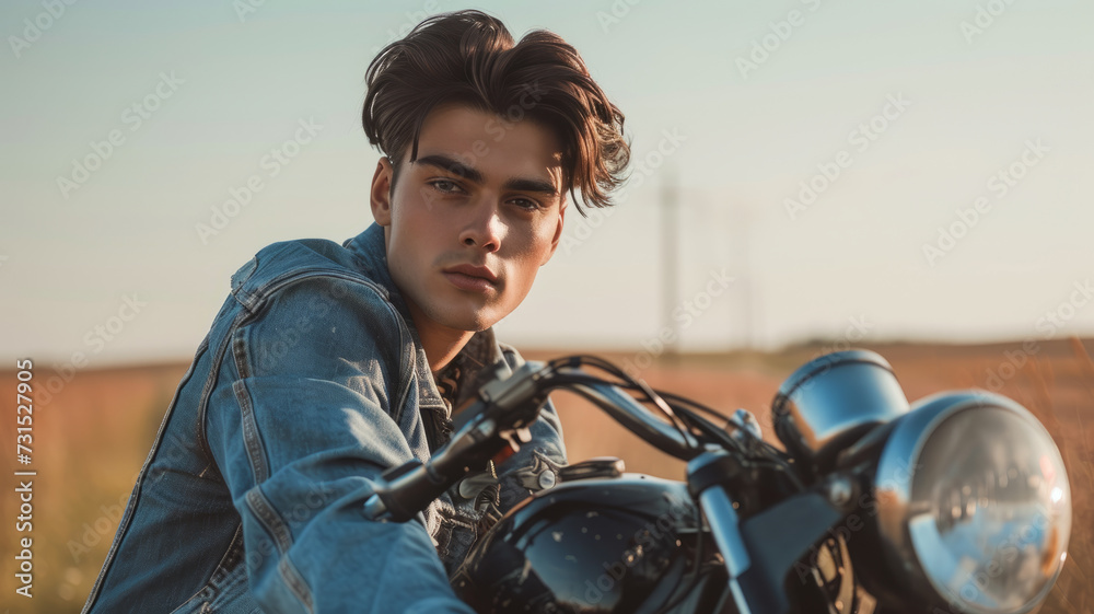Portrait of a young man on a motorcycle.