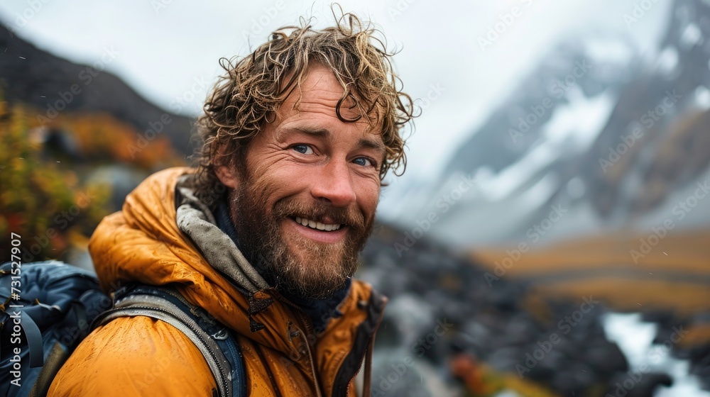 handsome man, hiker selfie on the mountain handsome man, hiker selfie on the mountain