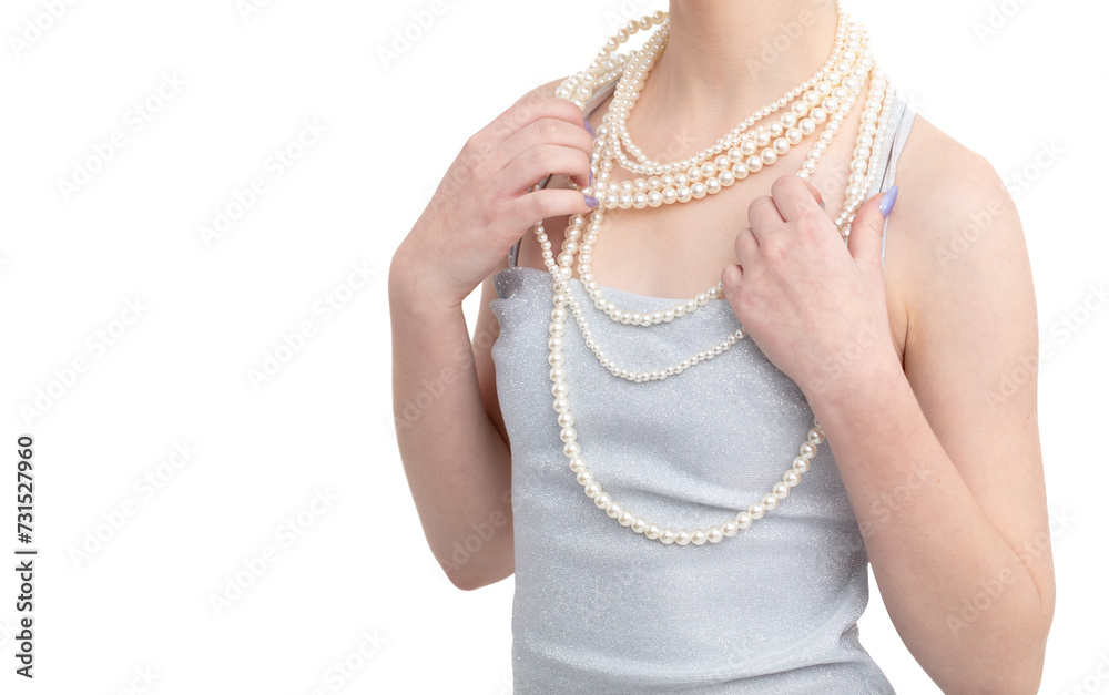 Beads on a girl's silver dress isolated on white background