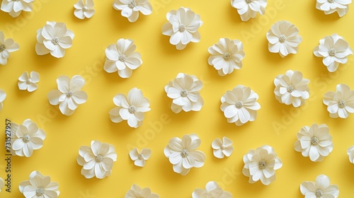 Elegant spring flowers and leaves made of white paper on a bright yellow background, artistic floral design for spring and summer theme