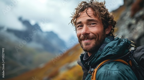 handsome man, hiker selfie on the mountain © jiawei