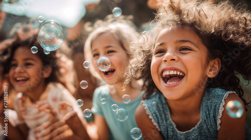 Three little girls are playing with bubbles and laughing