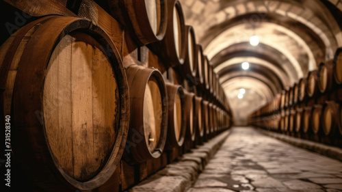 Cellar with wooden barrels.