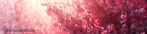 Blooming pink cherry tree branches illuminated by soft sunlight create a dreamy and romantic atmosphere  a banner perfect for spring themes