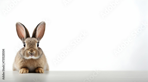 Young rabbit in front of white isolated background  cute bunny sitting