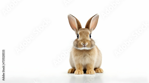 Young rabbit in front of white isolated background, cute bunny sitting