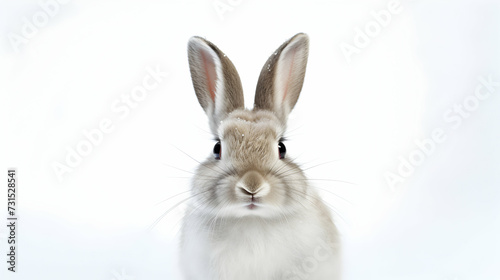 Young rabbit in front of white isolated background, cute bunny sitting, generative ai © pawczar