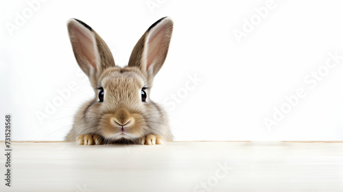 Young rabbit in front of white isolated background  cute bunny sitting