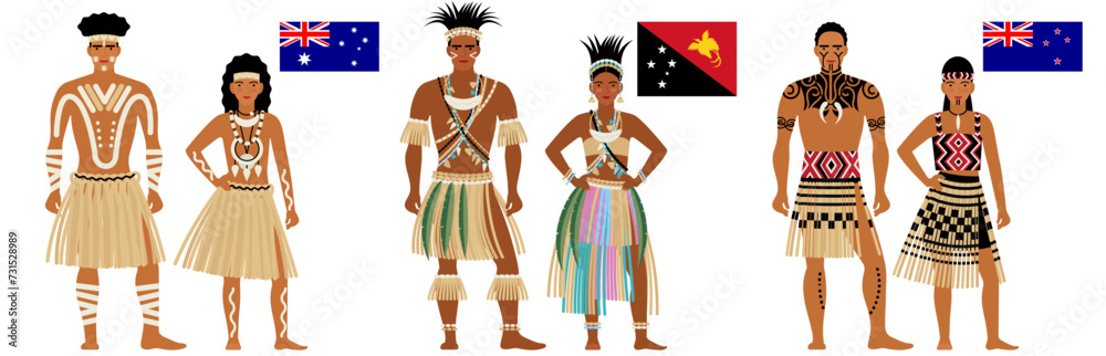 flags and costumes of the countries of Australia and Oceania