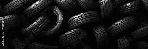 Tire shop, auto service and car wheel tyre store. Pile of automobile black rubber tires advertising banner with tracks of wheel trade and discount price offer  photo