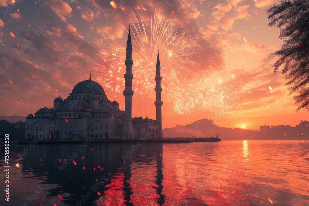 Fototapeta premium fireworks illuminates the sky above an ornate mosque, casting a magical glow