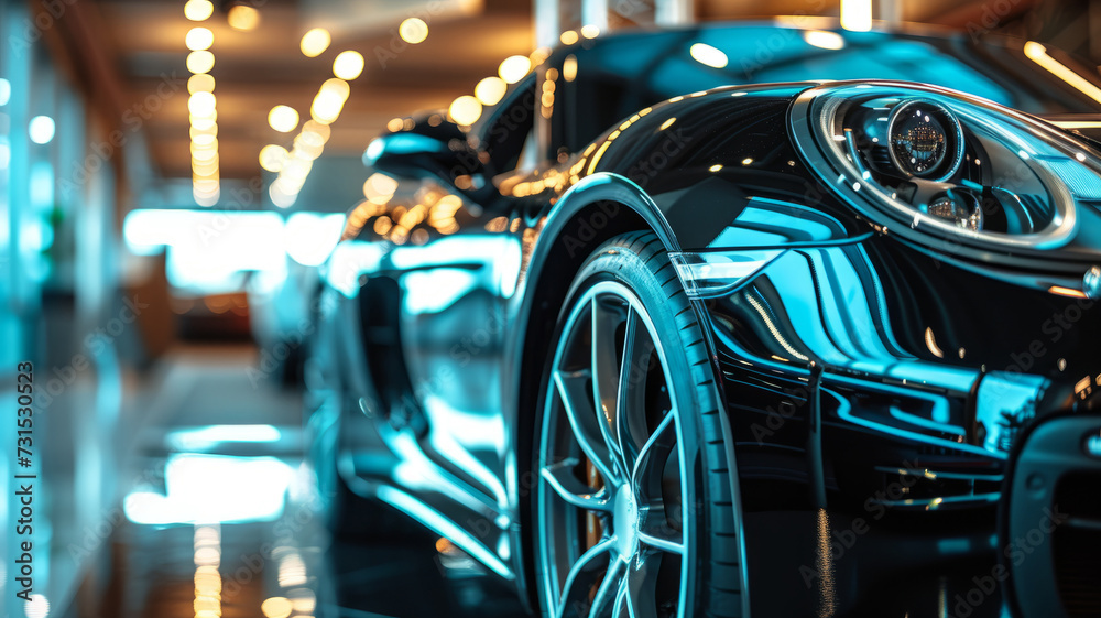 A brand new car in the showroom.