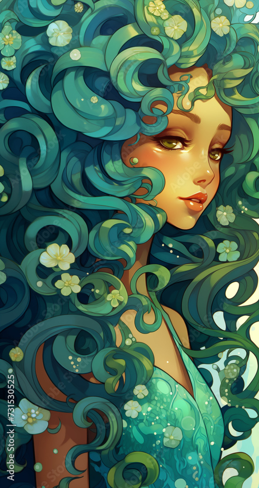 girl with curly green hair illustration background for cellphones, mobile phone.