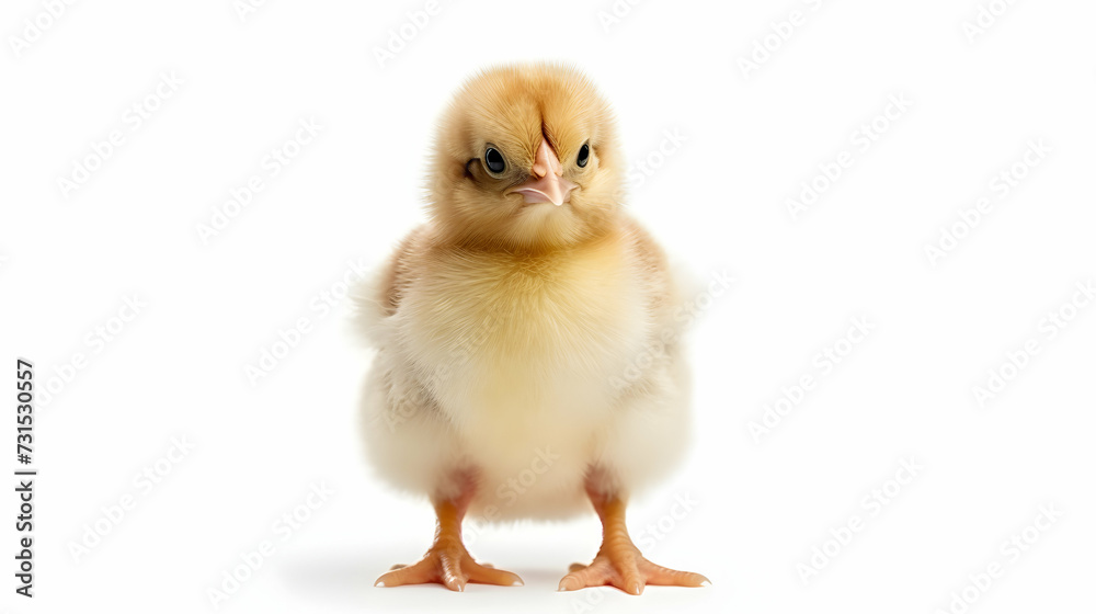 Yellow easter little chicken stands on isolated white background with copy space, greetings card template Yellow easter little chicken stands on isolated white background with copy space, greetings card template