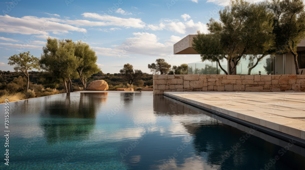 A natural stone pool with a meticulously designed Teresa Gali - Izard landscape garden in a cozy Spanish modern luxury minimalist villa and a deep blue sky. Generative AI