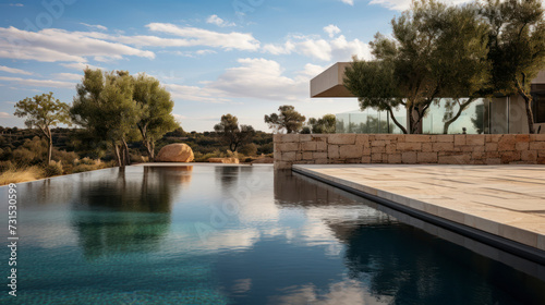 A natural stone pool with a meticulously designed Teresa Gali - Izard landscape garden in a cozy Spanish modern luxury minimalist villa and a deep blue sky. Generative AI © TOTO