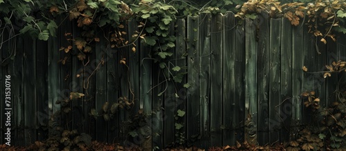 High-resolution image of a dilapidated fence covered in vegetation photo
