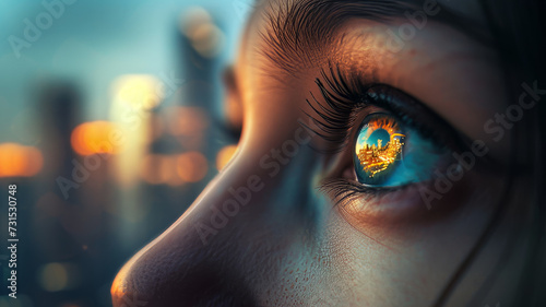 Close-up of a woman's eye reflecting a big city.