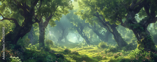 A vibrant green lush forest with numerous trees  rich grass  and sunlight creating exotic fantasy landscapes. The scene evokes the essence of Southeast Asia s deep tropical jungles.