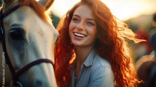 Portrait of beautiful young woman with horse in field at surise © foto.katarinka