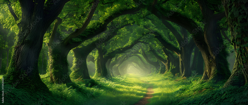 Obraz premium A vibrant green lush forest with numerous trees, rich grass, and sunlight creating exotic fantasy landscapes. The scene evokes the essence of Southeast Asia's deep tropical jungles.