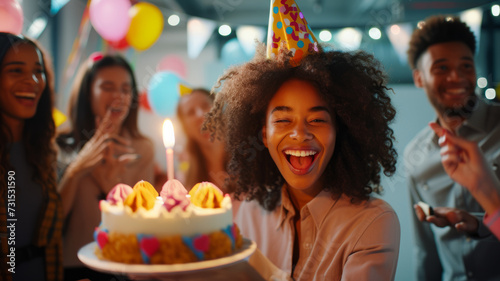 Young cheerful woman with birthday cake