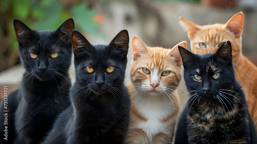 Group Portrait of Black and Ginger Cats Looking at Camera Group Portrait of Black and Ginger Cats Looking at Camera