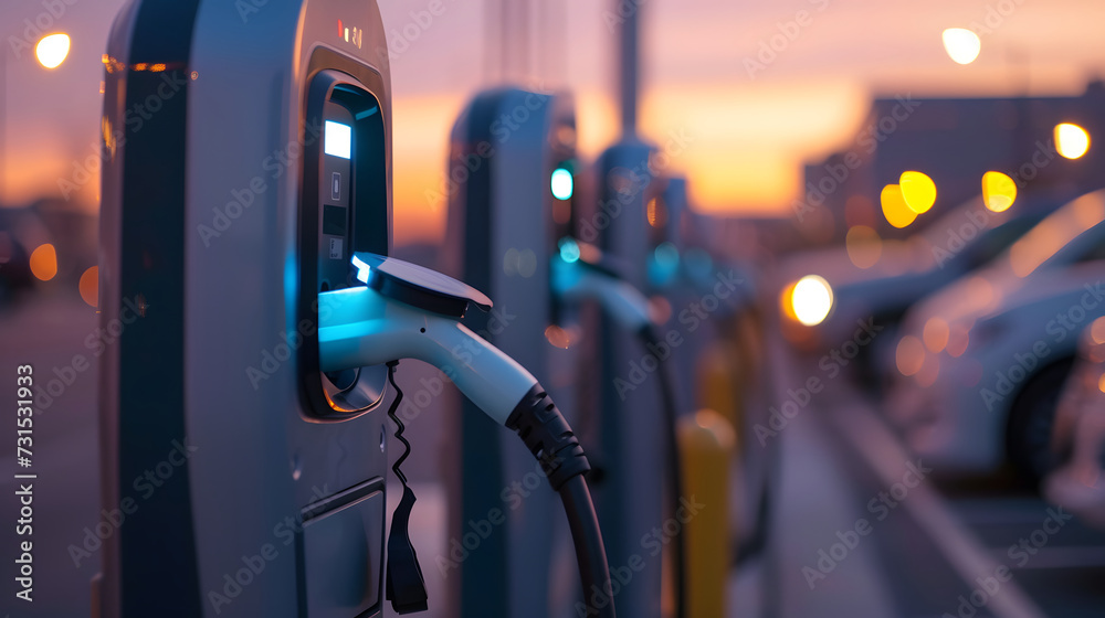 Electric Car Charging Stations at Sunset with Urban Bokeh Lights Electric Car Charging Stations at Sunset with Urban Bokeh Lights