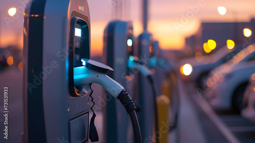 Electric Car Charging Stations at Sunset with Urban Bokeh Lights