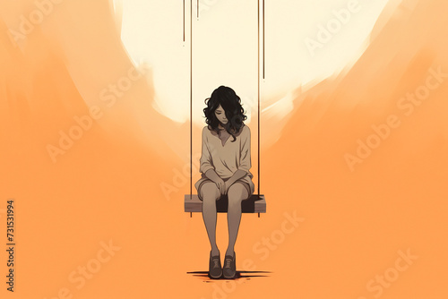Sad young girl victim of bullying, abuse or domestic violence looking down sitting on swing