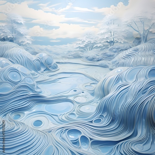 Icy blue liquid spreading across a solid, frost-covered landscape in intricate patterns