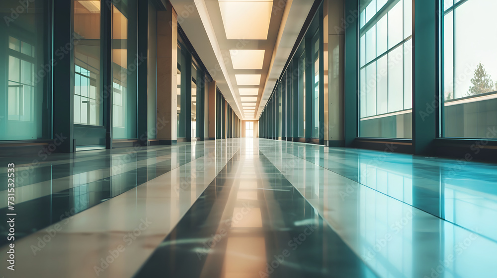 Fototapeta premium Modern Office Corridor with Reflective Floor and Natural Light