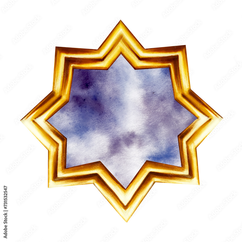 Watercolor Islamic arabian golden crescent star illustration isolated on blue splash background. Muslim hand drawn frame holiday Ramadan Kareem or Eid Al Adha 2024 with texture of night, clouds, w Watercolor Islamic arabian golden crescent star illustration isolated on blue splash background. Muslim hand drawn frame holiday Ramadan Kareem or Eid Al Adha 2024 with texture of night, clouds, w