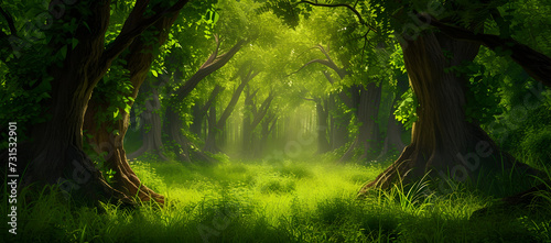 A vibrant green lush forest with numerous trees, rich grass, and sunlight creating exotic fantasy landscapes. The scene evokes the essence of Southeast Asia's deep tropical jungles. © jex