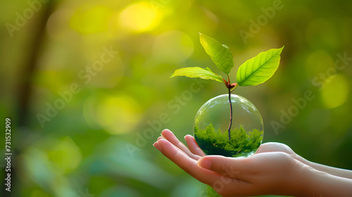 Hand Holding a Glass Globe with Plant Growing Inside